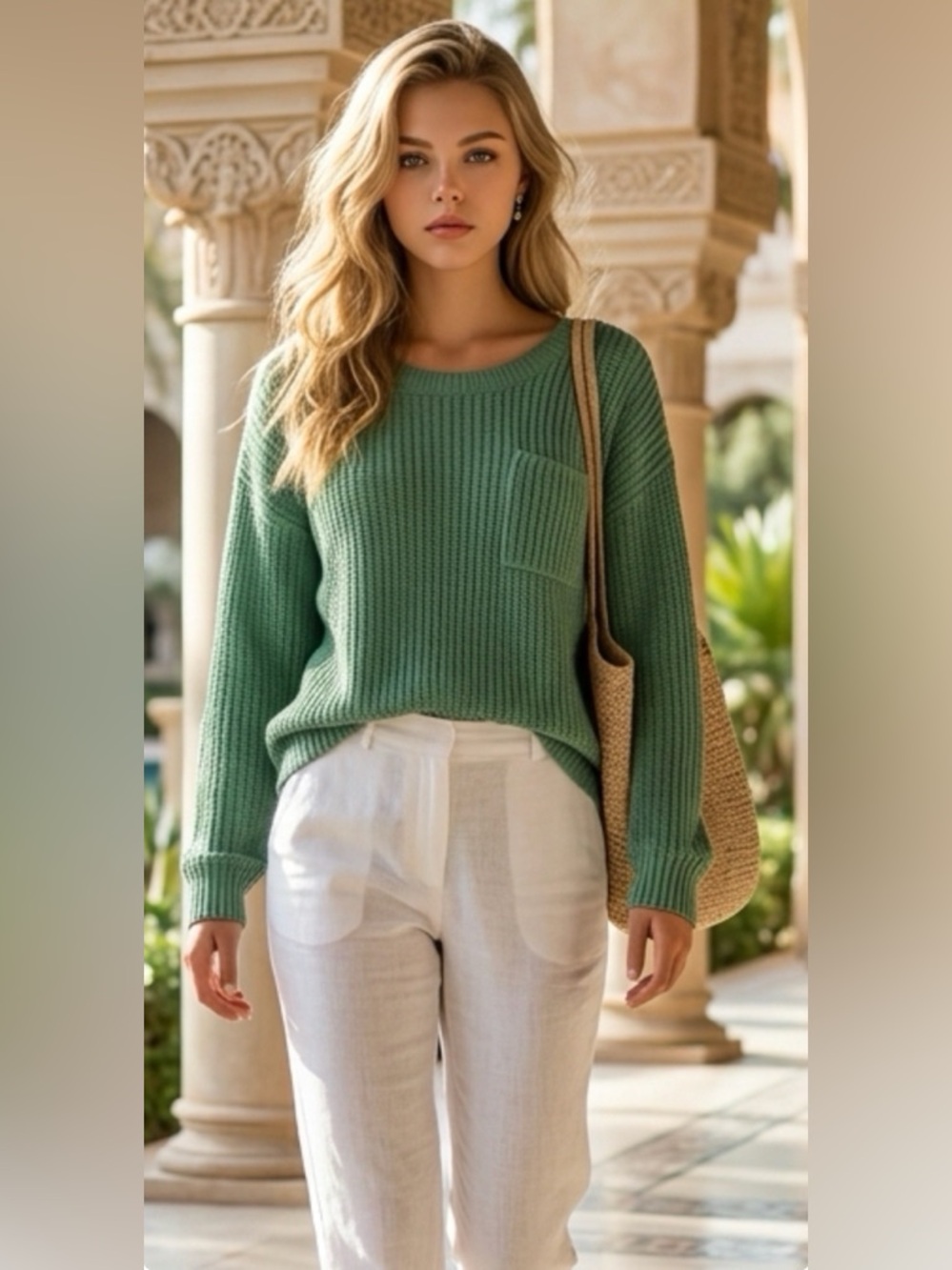 Women’s Green Oversized Ribbed Small Sweater With Pocket And Cuffed Sleeves